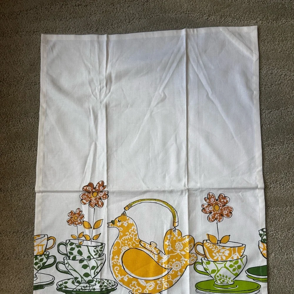 NEW Anthropologie 2 Cotton Tea Towels Bird Teapot Floral Mid Century Print